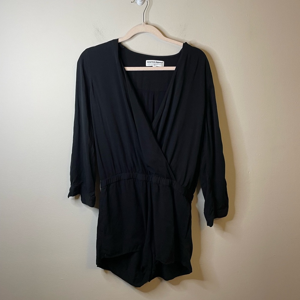 American Apparel Black Long Sleeve Surplice V-Neck Romper Minimalist Neutral